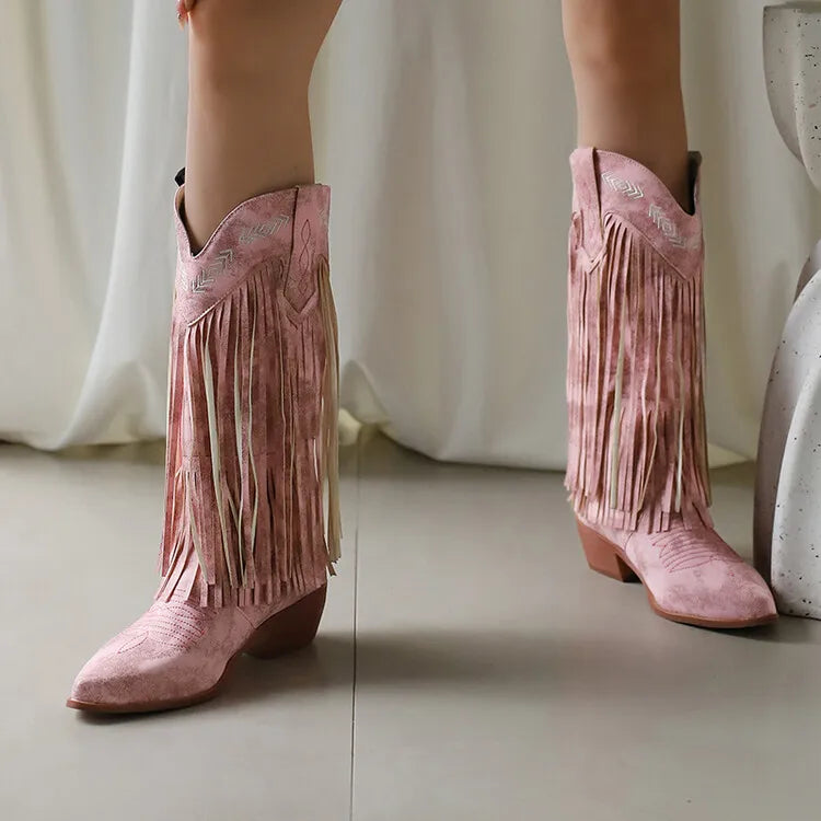 Fringe Western Boots Pink Sweet Embroidered Boots Brown Tassels Block Medium Heels Shoes Plus Size 48 Lady